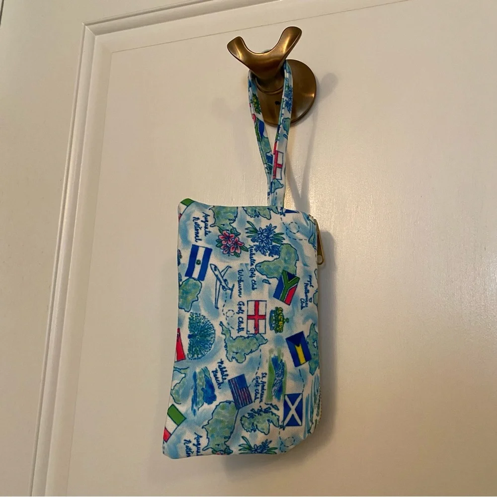 KAELI SMITH BAG POUCH WRISTLET CLUTCH BLUE WHITE FABRIC GOLF CLUB THEME ZIP TOP